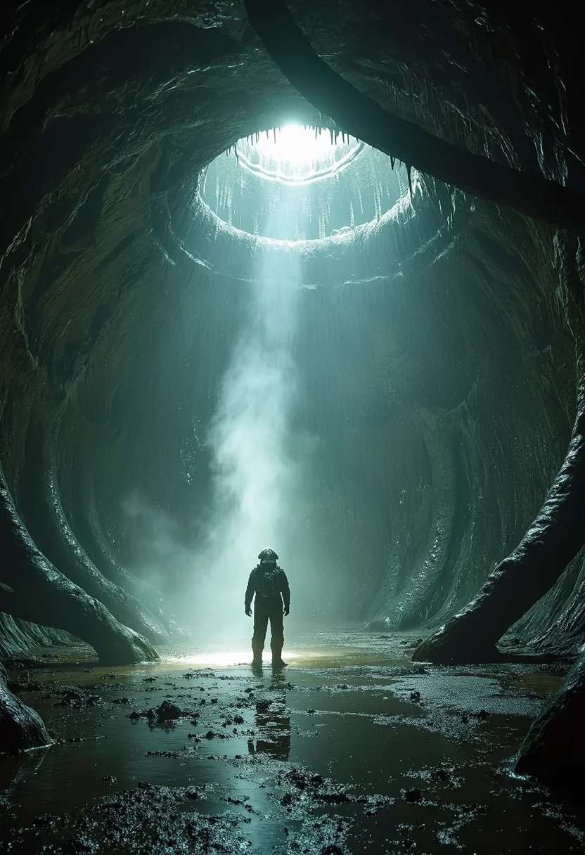 Explorer mit Taschenlampe in verlassener Alien-Megastruktur