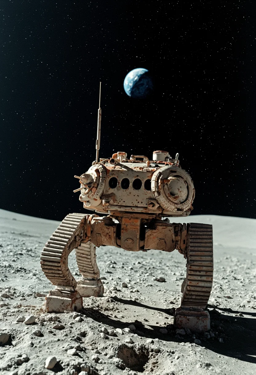 Militärischer Laufroboter auf Mondoberfläche mit Erdblick
