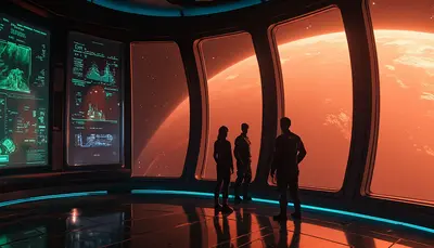 Phobos Watch Station Panoramafenster mit Blick auf Mars, drei Wissenschaftler blicken auf das biolumineszierende Xenobot-Netzwerk auf der Planetenoberfläche