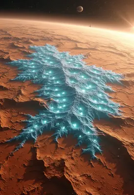 Das planetare Myzel-Netzwerk über dem Jezero Crater, aus dem Orbit fotografiert